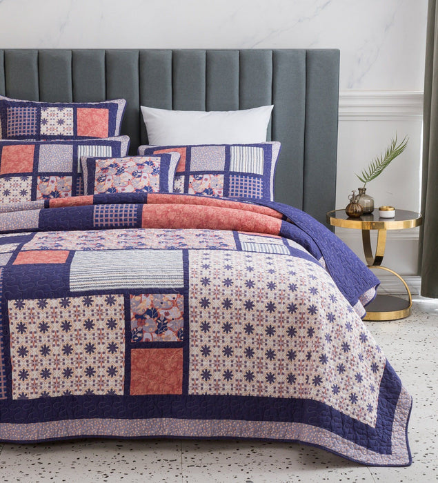 Bedspread - DaDa Bedding Patchwork Quilted Bedspread Set, Pink Cherry Blossom Floral Plum Purple - Designed in USA (JHW877) - DaDa Bedding Collection