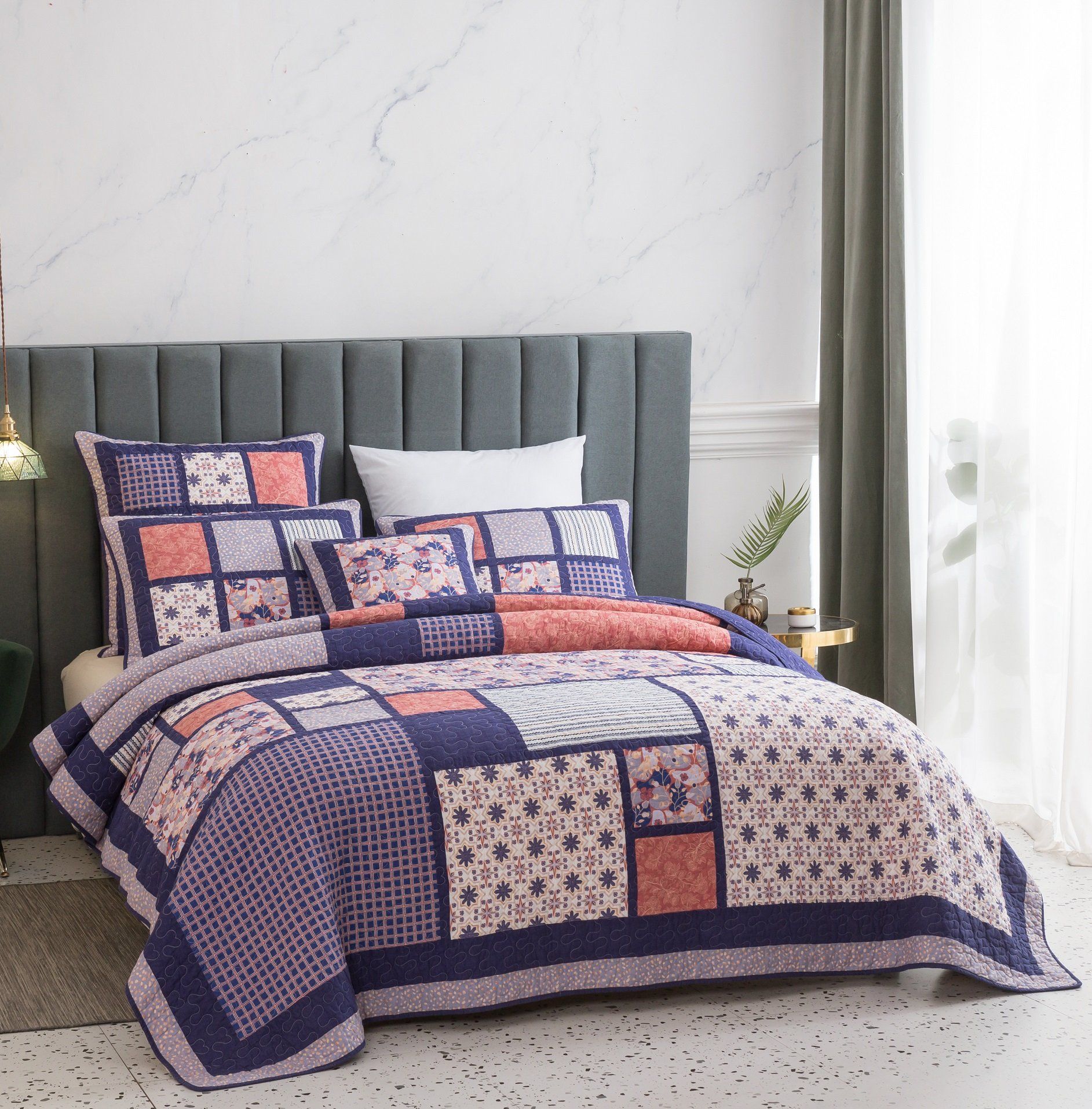 DaDa Bedding Peachy Pink Floral Blossoms Plum Purple Patchwork Quilted Bedspread Set - Designed in USA (JHW877) - DaDa Bedding Collection
