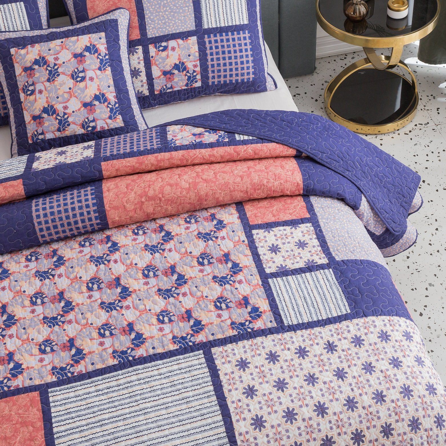 DaDa Bedding Peachy Pink Floral Blossoms Plum Purple Patchwork Quilted Bedspread Set - Designed in USA (JHW877) - DaDa Bedding Collection