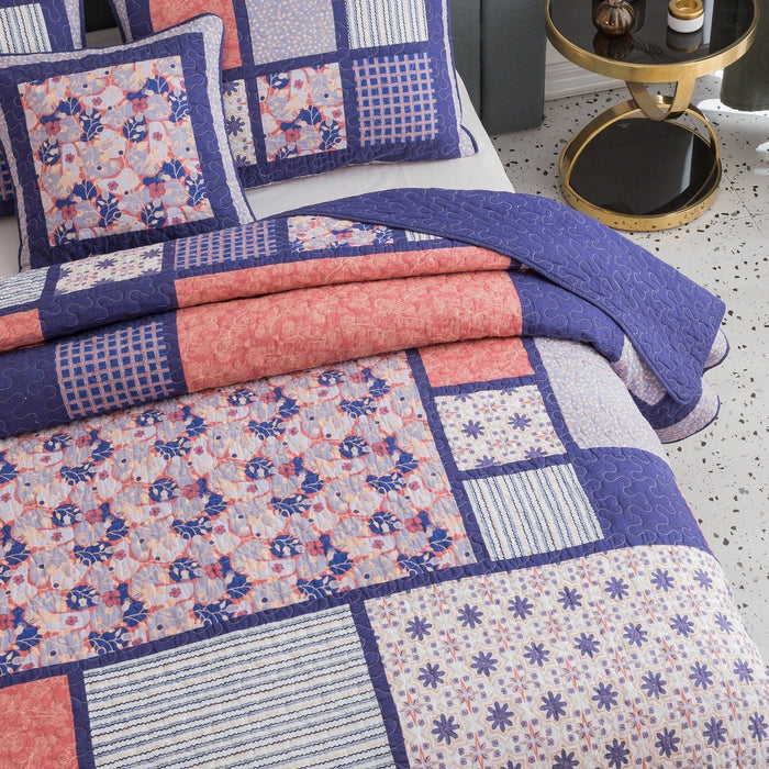 DaDa Bedding Peachy Pink Floral Blossoms Plum Purple Patchwork Quilted Bedspread Set - Designed in USA (JHW877) - DaDa Bedding Collection