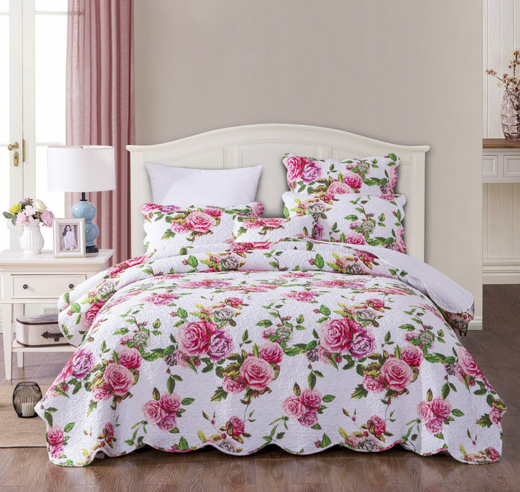 DaDa Bedding Romantic Roses Lovely Spring Pink Floral Quilted Scalloped  Bedspread Set (JHW879)