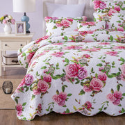 DaDa Bedding Romantic Roses Lovely Spring Pink Floral Quilted Scalloped Bedspread Set (JHW879) - DaDa Bedding Collection