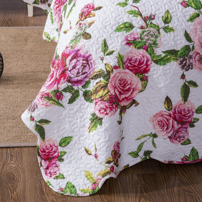 Bedspread - DaDa Bedding Romantic Roses Lovely Spring Pink Floral Quilted Scalloped Bedspread Set (JHW879) - DaDa Bedding Collection