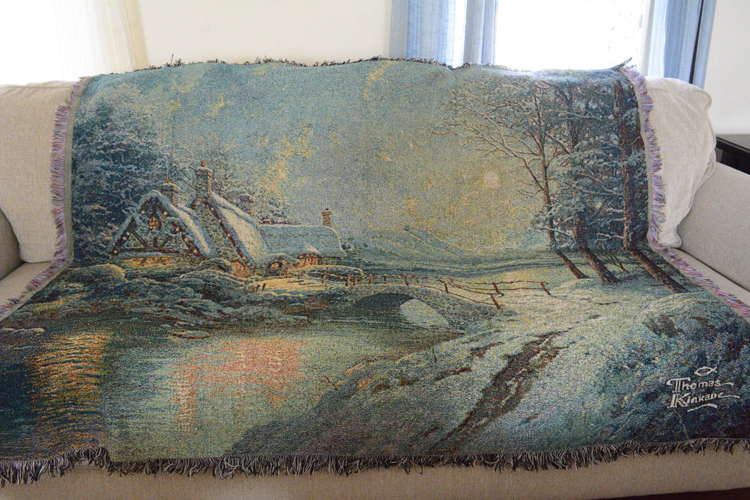 DaDa Bedding Holiday Snowy Winter Cottage Tapestry Throw Blanket - 50” x 60” (2103) - DaDa Bedding Collection