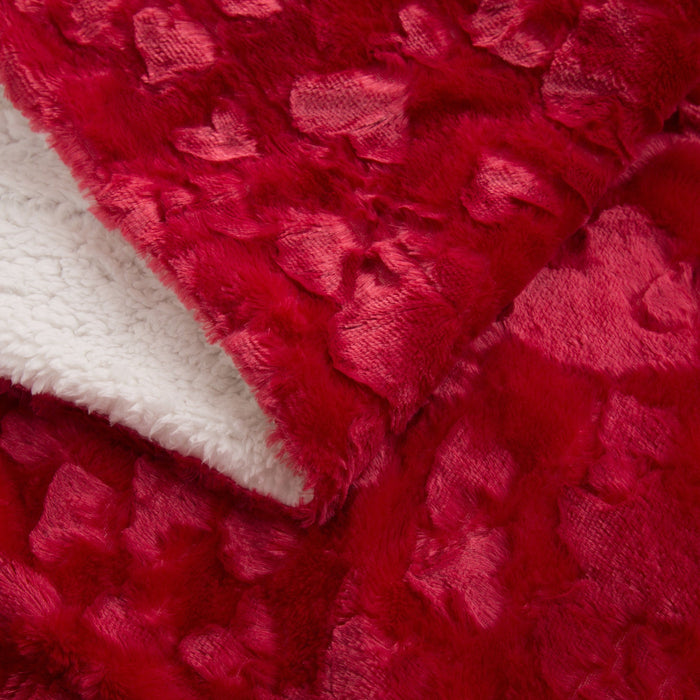 Blanket/ Throw - DaDa Bedding Luxury Hearts in Love Plush Faux Fur Sherpa Fleece Throw Blanket, Pomegranate Red (19) - DaDa Bedding Collection