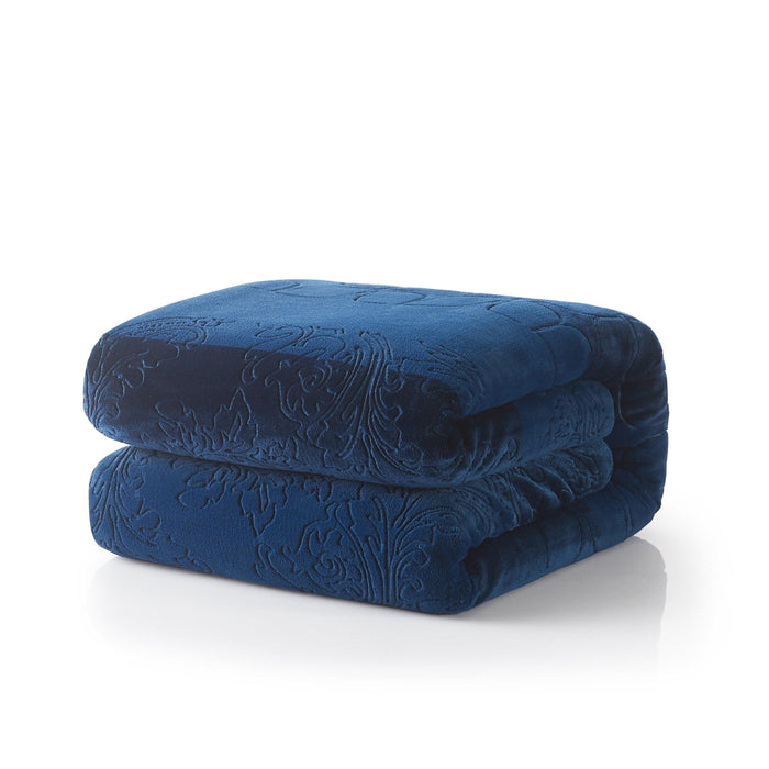 Blanket/ Throw - Tache Solid Embossed Cozy Night Blue Sherpa Throw Blanket - DaDa Bedding Collection