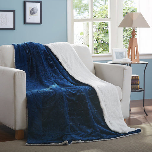 Blanket/ Throw - Tache Solid Embossed Cozy Night Blue Sherpa Throw Blanket - DaDa Bedding Collection