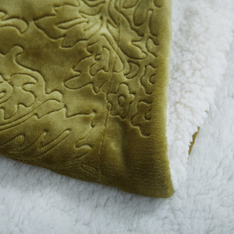 Tache Solid Embossed Green Olive Sherpa Throw Blanket - DaDa Bedding Collection