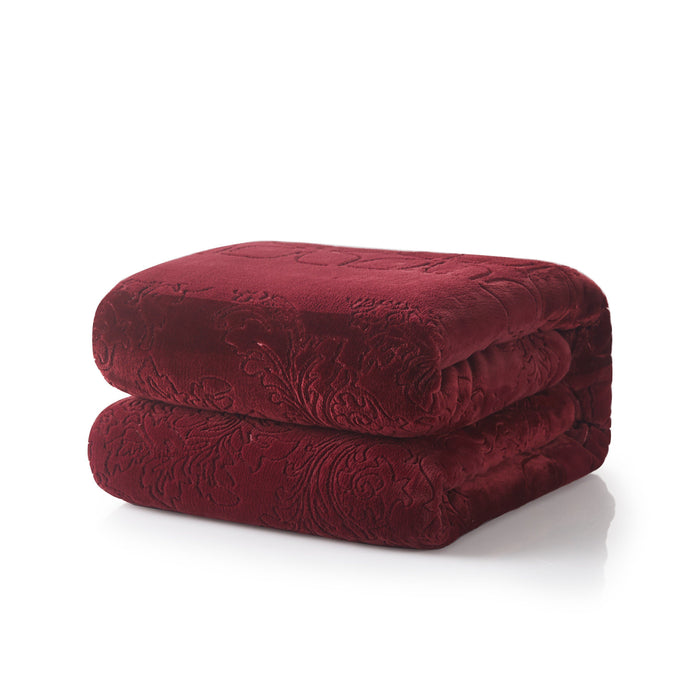 Blanket/ Throw - Tache Solid Embossed Merlot Red Sherpa Throw Blanket - DaDa Bedding Collection