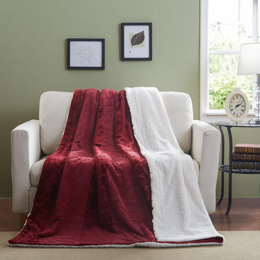 Blanket/ Throw - Tache Solid Embossed Merlot Red Sherpa Throw Blanket - DaDa Bedding Collection