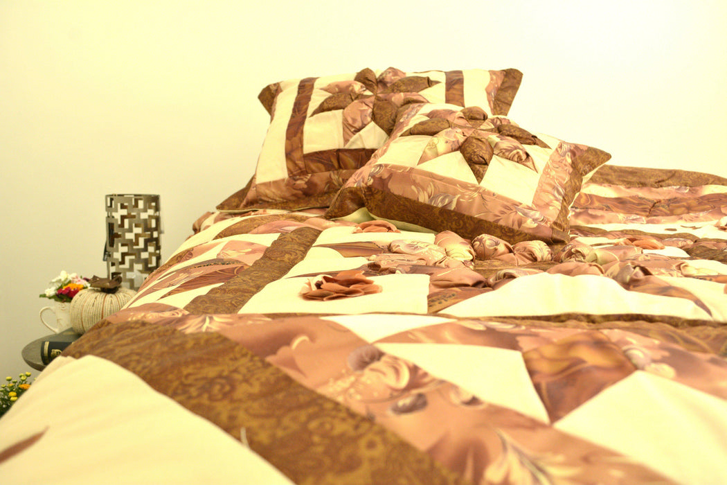 DaDa Bedding Diamond of Night Brown Beige Floral Stars Ruffles Comforter Set (BM915L) - DaDa Bedding Collection
