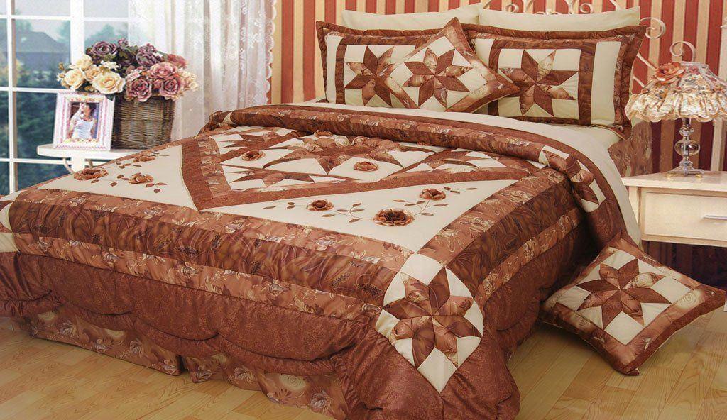 DaDa Bedding Diamond of Night Brown Beige Floral Stars Ruffles Comforter Set (BM915L) - DaDa Bedding Collection