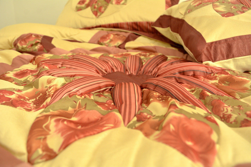 DaDa Bedding Sunset Rubies Red Burgundy Beige Floral Ruffles Comforter Set - Twin Size (BM465L-1) - DaDa Bedding Collection