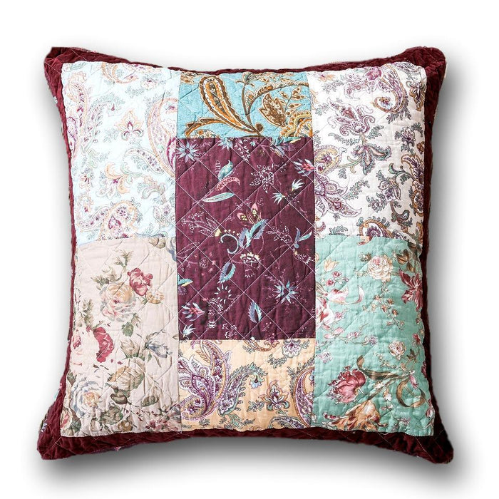 CUSHION COVER - DaDa Bedding Bohemian Patchwork Burgundy Wine Velvet Floral Euro Pillow Sham Cover, 26" x 26" - DaDa Bedding Collection