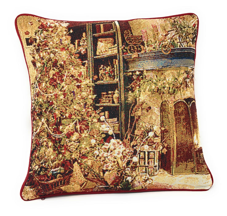 DaDa Bedding Golden Christmas Tree Fireplace Tapestry Throw Pillow Cover 16" x 16" (14604) - DaDa Bedding Collection