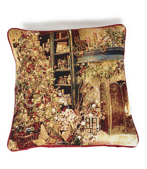 DaDa Bedding Golden Christmas Tree Fireplace Tapestry Throw Pillow Cover 16" x 16" (14604) - DaDa Bedding Collection