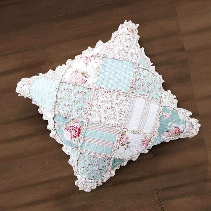 CUSHION COVER - DaDa Bedding Patchwork Hint of Mint Floral Cotton Patchwork Ruffle Euro Pillow Sham, 26" x 26" (JHW3036) - DaDa Bedding Collection