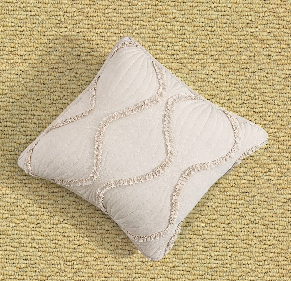 DaDa Bedding Set of 2 Charming Country Tufted Ivory Tan Ruffles Throw Pillow Covers - 18" x 18" (JHW873) - DaDa Bedding Collection
