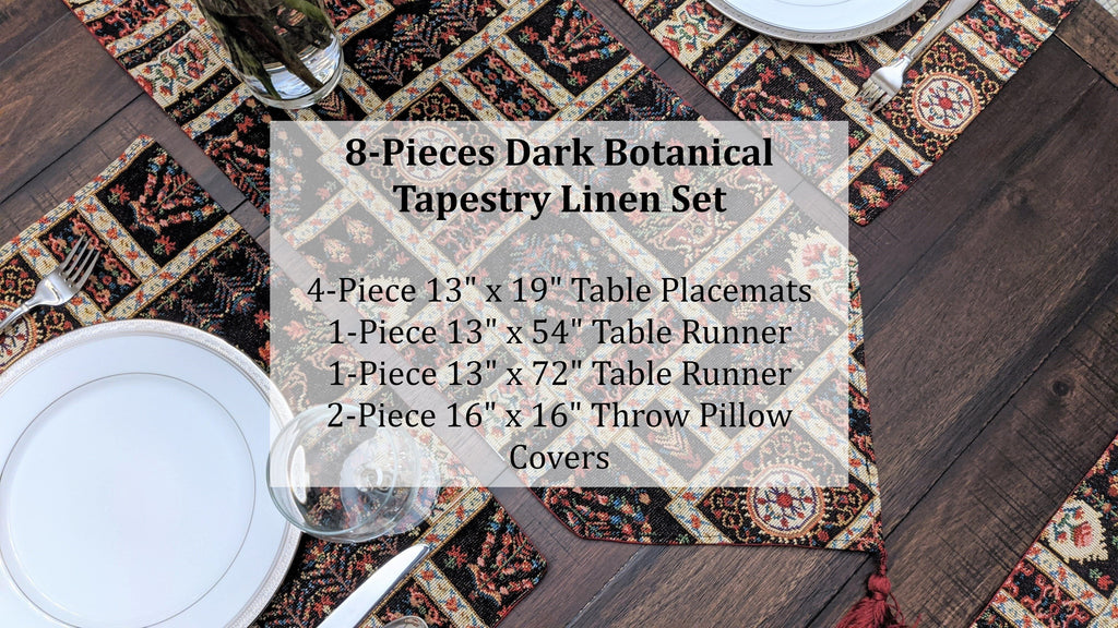 DaDa Bedding Set of 8 Pieces Dark Botanical Mughal Floral Table Woven Black Tapestry - 4 Placemats, 2 Table Runners, 2 Throw Pillow Covers (18197) - DaDa Bedding Collection