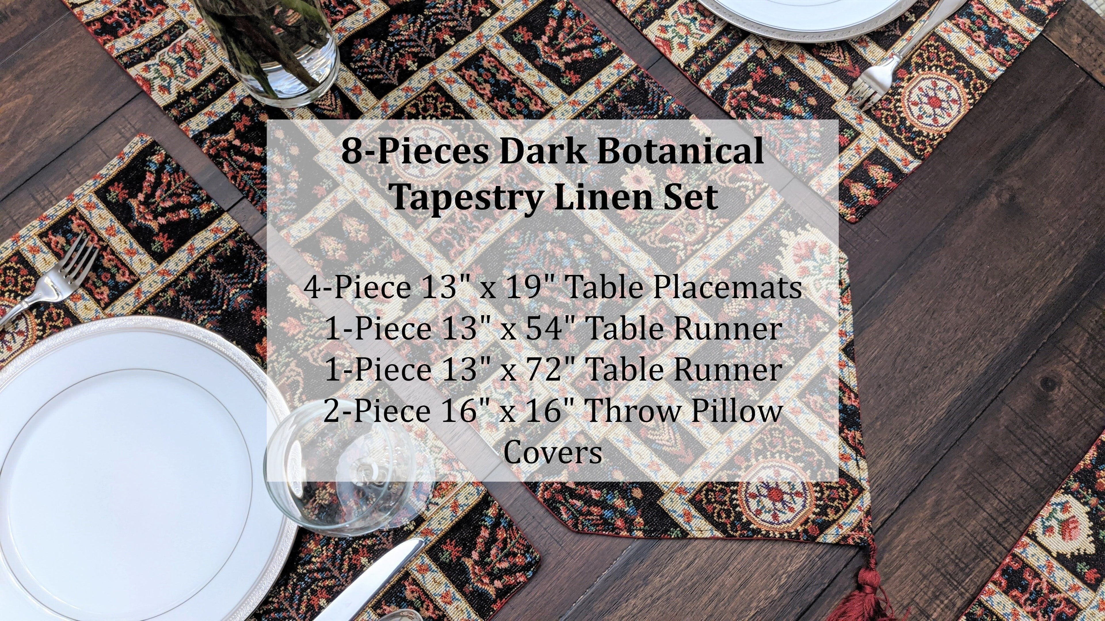 DaDa Bedding Set of 8 Pieces Dark Botanical Mughal Floral Table Woven Black Tapestry - 4 Placemats, 2 Table Runners, 2 Throw Pillow Covers (18197) - DaDa Bedding Collection