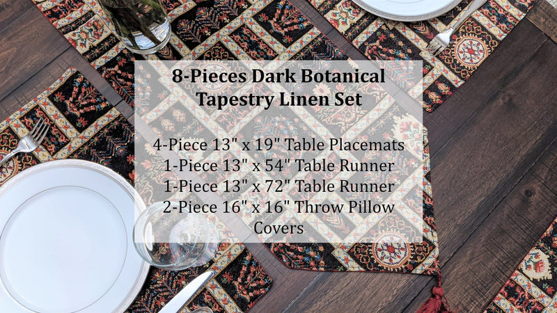 DaDa Bedding Set of 8 Pieces Dark Botanical Mughal Floral Table Woven Black Tapestry - 4 Placemats, 2 Table Runners, 2 Throw Pillow Covers (18197) - DaDa Bedding Collection