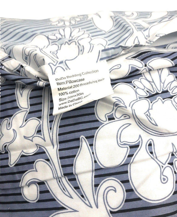 DaDa Bedding Royal Navy Blue Jacquard Floral Striped Duvet Cover & Pillow Cases Set (DCM8153) - DaDa Bedding Collection