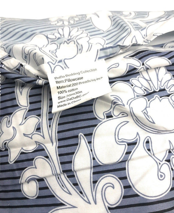 DUVET COVER - DaDa Bedding Royal Navy Blue Jacquard Floral Striped Duvet Cover & Pillow Cases Set (DCM8153) - DaDa Bedding Collection
