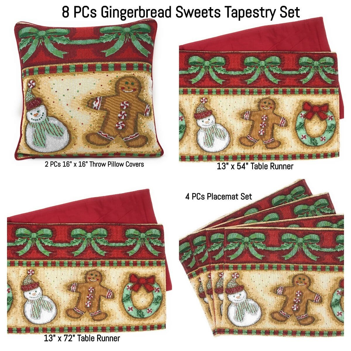 DaDa Bedding Set of 8 Pieces Gingerbread Sweets Holiday Table Tapestry - 4 Placemats, 2 Table Runners, 2 Throw Pillow Covers (12917) - DaDa Bedding Collection