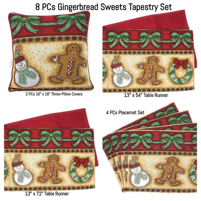 DaDa Bedding Set of 8 Pieces Gingerbread Sweets Holiday Table Tapestry - 4 Placemats, 2 Table Runners, 2 Throw Pillow Covers (12917) - DaDa Bedding Collection