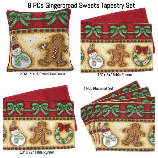 DaDa Bedding Set of 8 Pieces Gingerbread Sweets Holiday Table Tapestry - 4 Placemats, 2 Table Runners, 2 Throw Pillow Covers (12917) - DaDa Bedding Collection