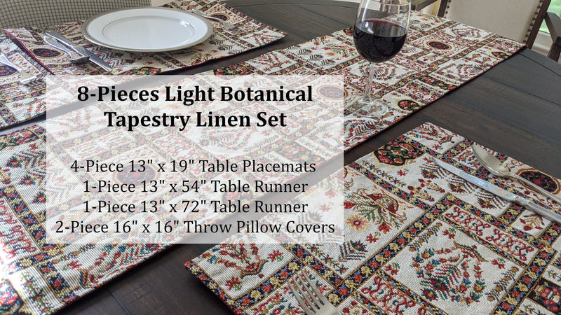 DaDa Bedding Set of 8 Pieces Light Botanical Mughal Floral Table Woven Tapestry - 4 Placemats, 2 Table Runners, 2 Throw Pillow Covers (18196) - DaDa Bedding Collection