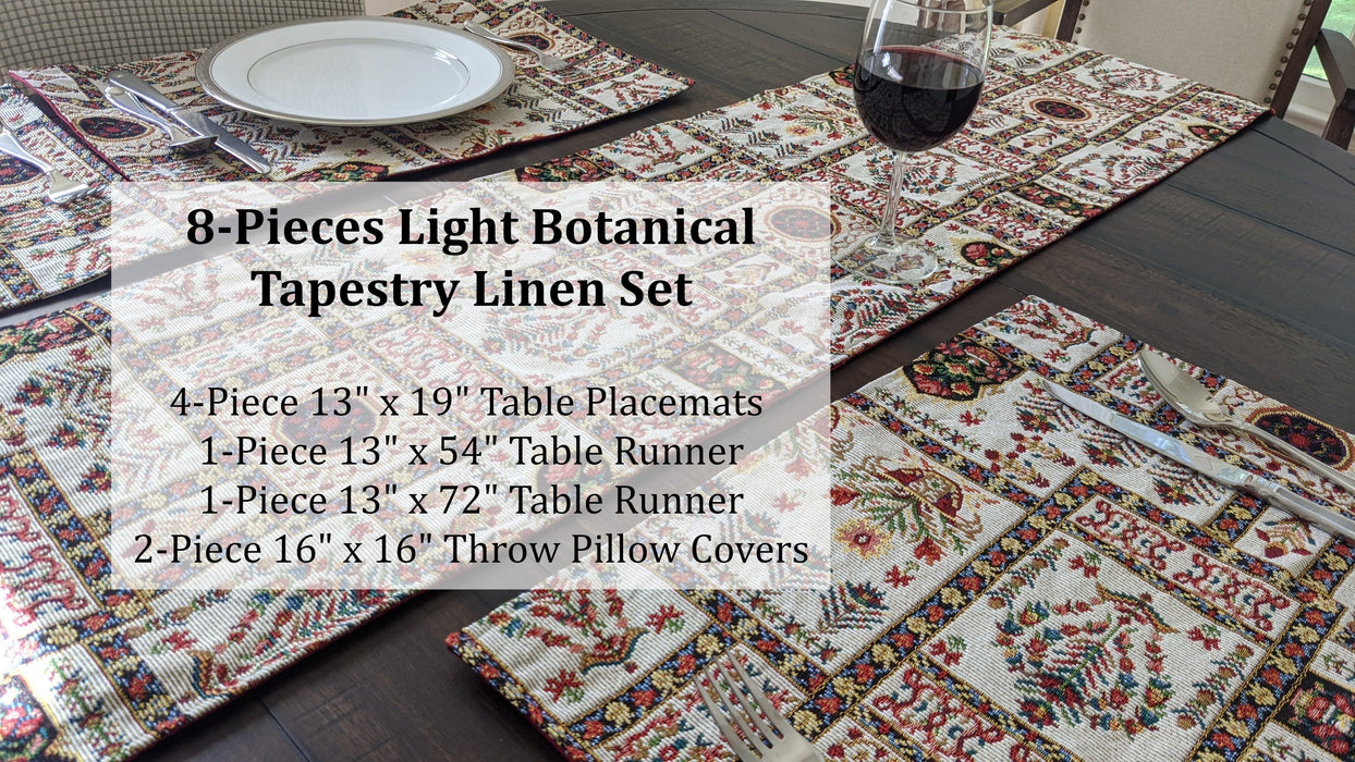DaDa Bedding Set of 8 Pieces Light Botanical Mughal Floral Table Woven Tapestry - 4 Placemats, 2 Table Runners, 2 Throw Pillow Covers (18196)