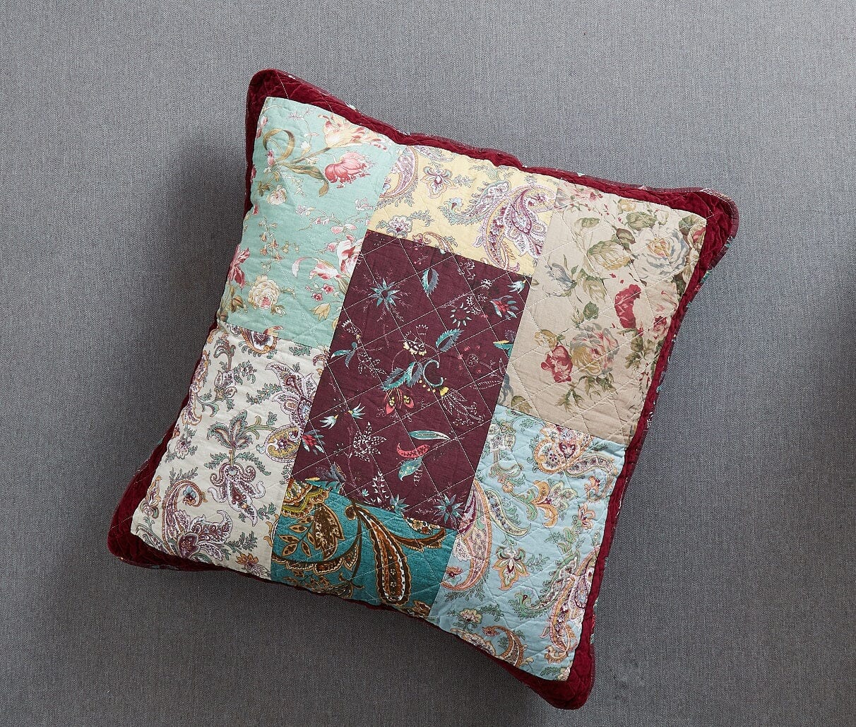 DaDa Bedding Patchwork Burgundy Red Velvet Floral Euro Pillow Cover, 26" x 26" (JHW-868) - DaDa Bedding Collection