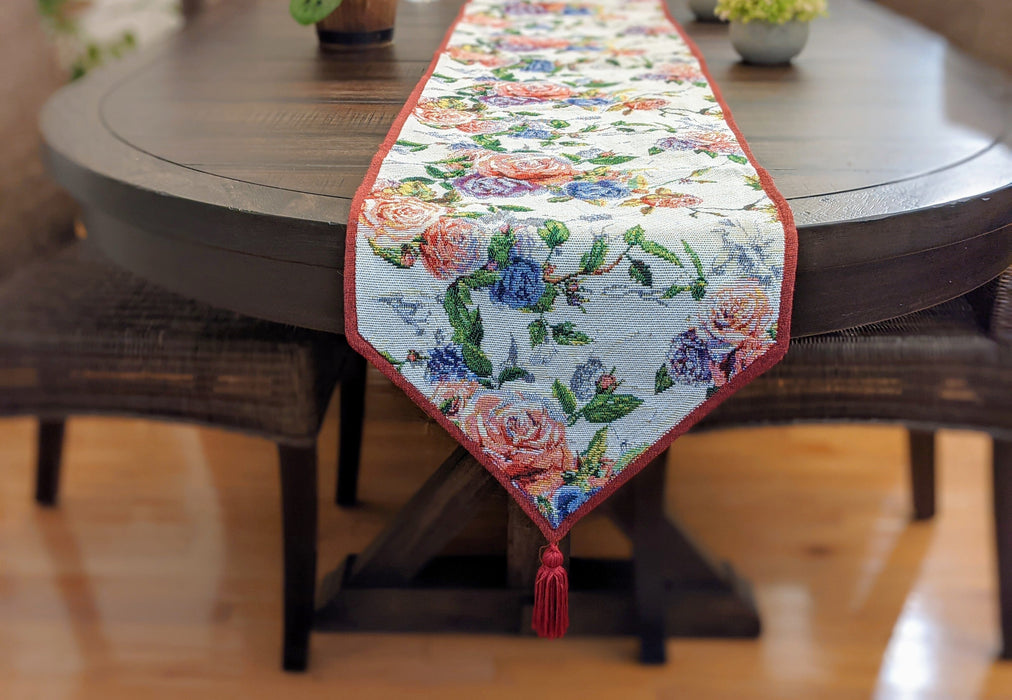 DaDa Bedding Vintage Romantic Roses Lovely Pink Floral Woven Tapestry Dining Table Runner (879)