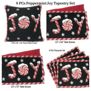 DaDa Bedding Set of 8 Pieces Peppermint Joy Holiday Table Tapestry - 4 Placemats, 2 Table Runners, 2 Throw Pillow Covers (12904) - DaDa Bedding Collection