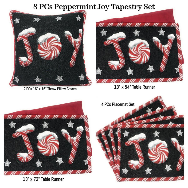 DaDa Bedding Set of 8 Pieces Peppermint Joy Holiday Table Tapestry - 4 Placemats, 2 Table Runners, 2 Throw Pillow Covers (12904) - DaDa Bedding Collection