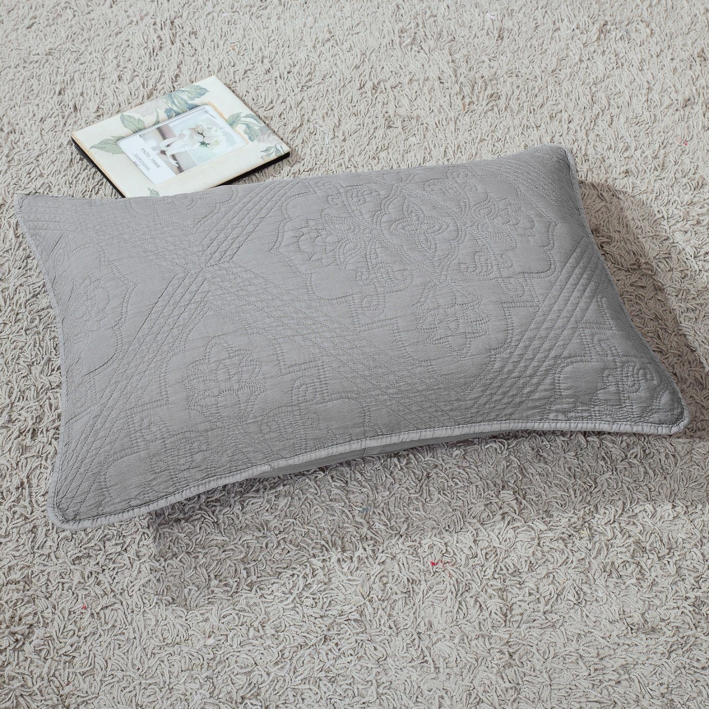 DaDa Bedding Floral Stone Wash Grey Diamond Pattern Quilted King Size Pillow Sham - 20” x 36” (JHW855) - DaDa Bedding Collection