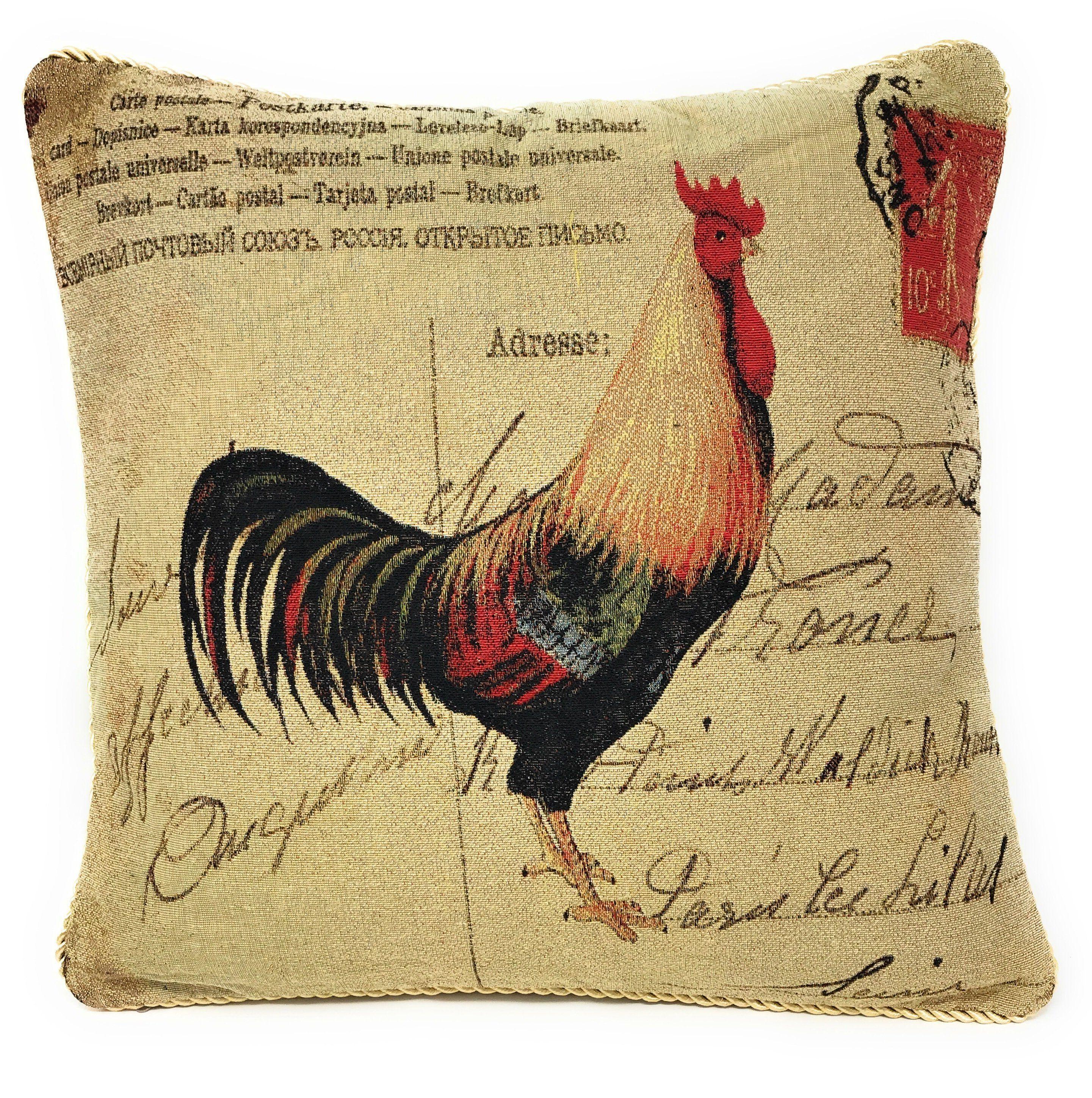 DaDa Bedding Set of 2-Pieces Glamorous Country Rooster Farmhouse Tapestry Throw Pillow Covers w/ Inserts - 18" x 18" - DaDa Bedding Collection