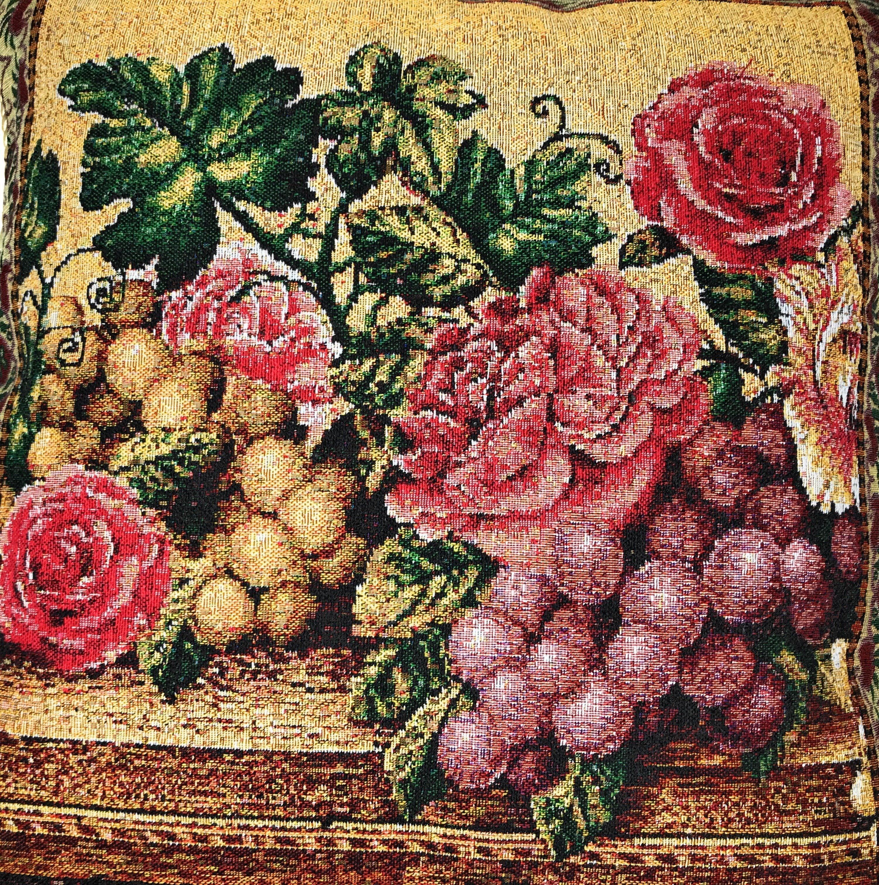 DaDa Bedding Set of 2-Pieces Parade Fruit & Roses Garden Tapestry Throw Pillow Covers w/ Inserts - 18" x 18" - DaDa Bedding Collection