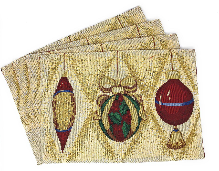 DaDa Bedding Set of 4-Pieces Elegant Christmas Ornaments Gold Tapestry Placemats, 13” x 19” (6139) - DaDa Bedding Collection