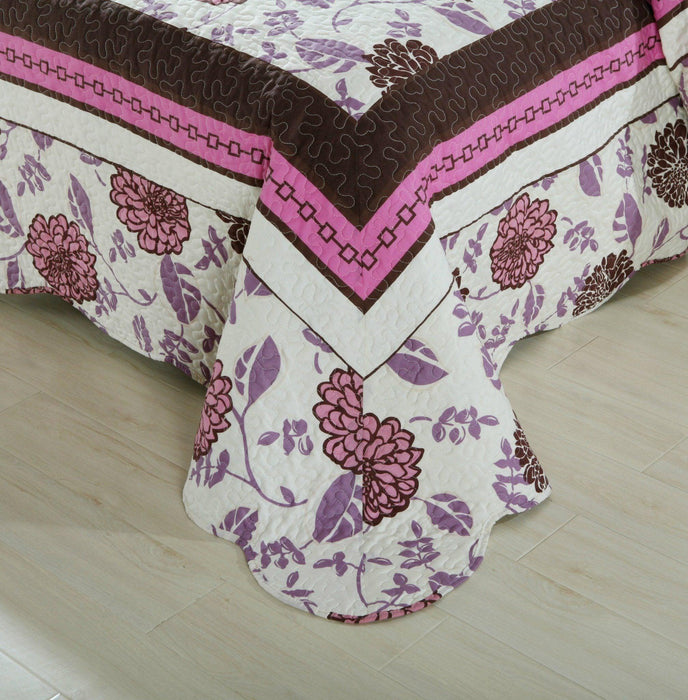 Quilt - DaDa Bedding Bohemian Floral Chrysanthemum Hot Pink Brown Bedspread Set (KBJ1629) - DaDa Bedding Collection