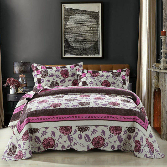 Quilt - DaDa Bedding Bohemian Floral Chrysanthemum Hot Pink Brown Bedspread Set (KBJ1629) - DaDa Bedding Collection