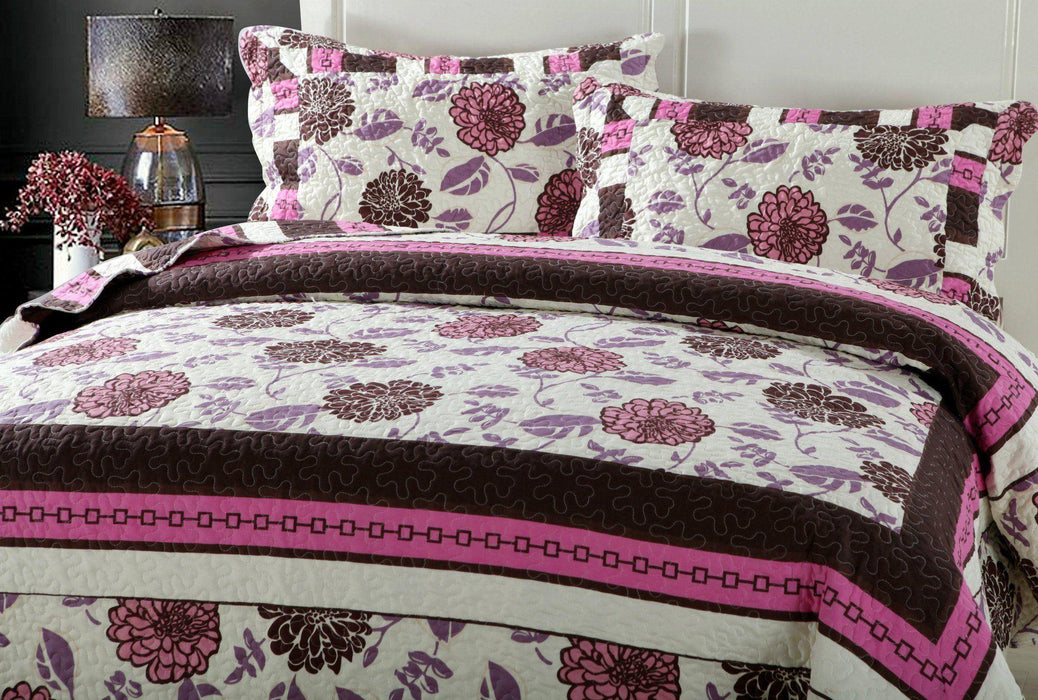 Quilt - DaDa Bedding Bohemian Floral Chrysanthemum Hot Pink Brown Bedspread Set (KBJ1629) - DaDa Bedding Collection