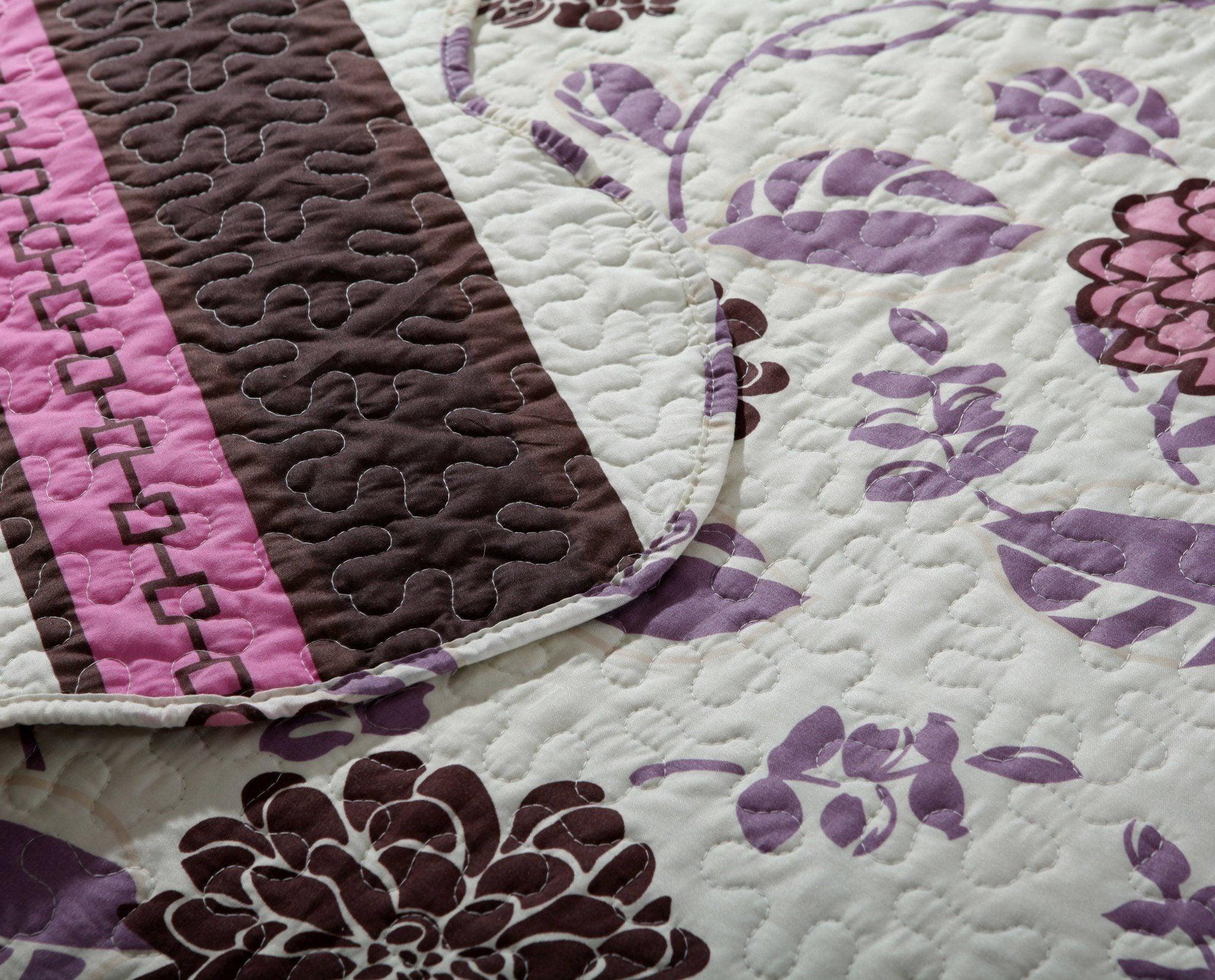 DaDa Bedding Bohemian Purple Blooms Floral Garden Pink Brown Bedspread Set (KBJ1629) - DaDa Bedding Collection