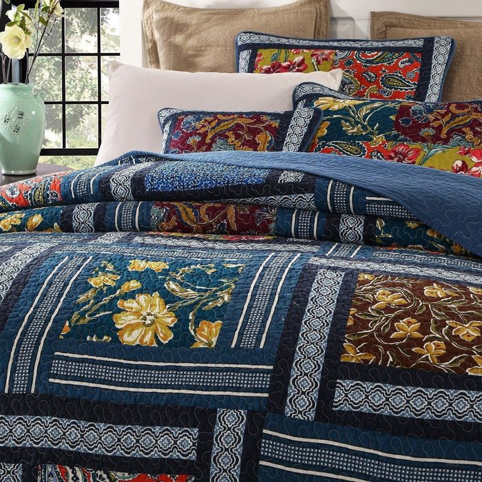 DaDa Bedding Bohemian Floral Midnight Ocean Blue Cotton Patchwork Bedspread Set (JHW-572) - DaDa Bedding Collection