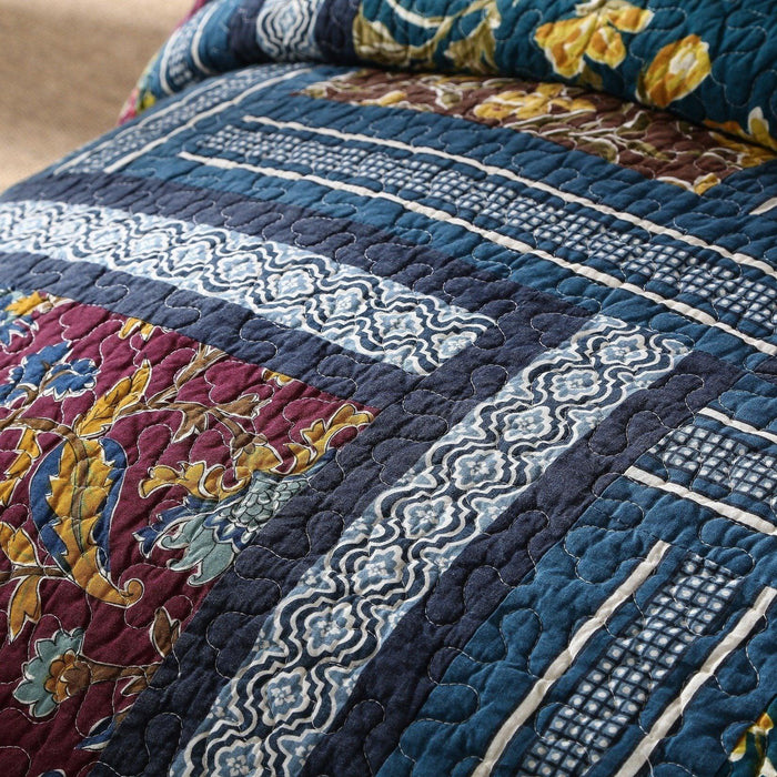 DaDa Bedding Bohemian Floral Midnight Ocean Blue Cotton Patchwork Bedspread Set (JHW-572) - DaDa Bedding Collection