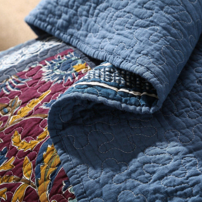 DaDa Bedding Bohemian Floral Midnight Ocean Blue Cotton Patchwork Bedspread Set (JHW-572) - DaDa Bedding Collection