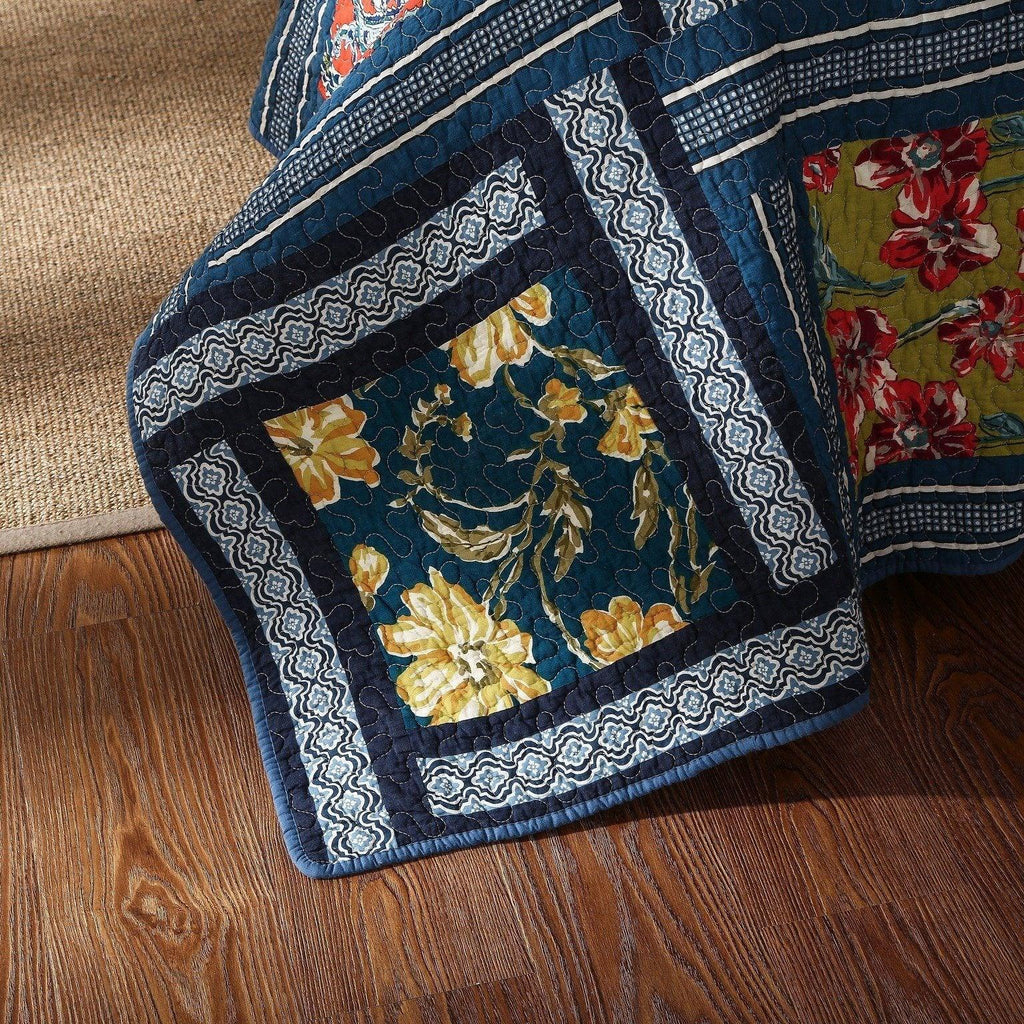 DaDa Bedding Bohemian Floral Midnight Ocean Blue Cotton Patchwork Bedspread Set (JHW-572) - DaDa Bedding Collection