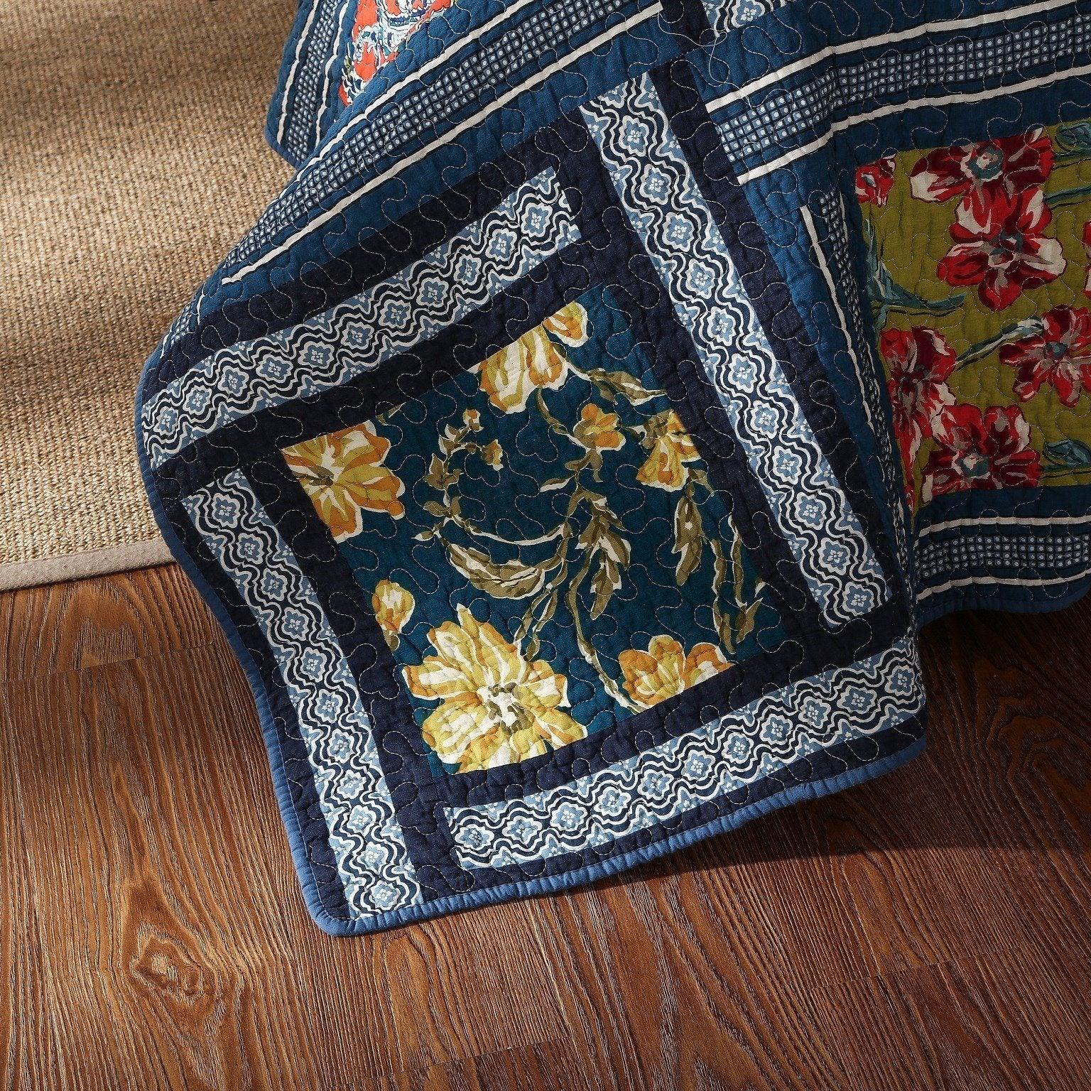DaDa Bedding Bohemian Floral Midnight Ocean Blue Cotton Patchwork Bedspread Set (JHW-572) - DaDa Bedding Collection