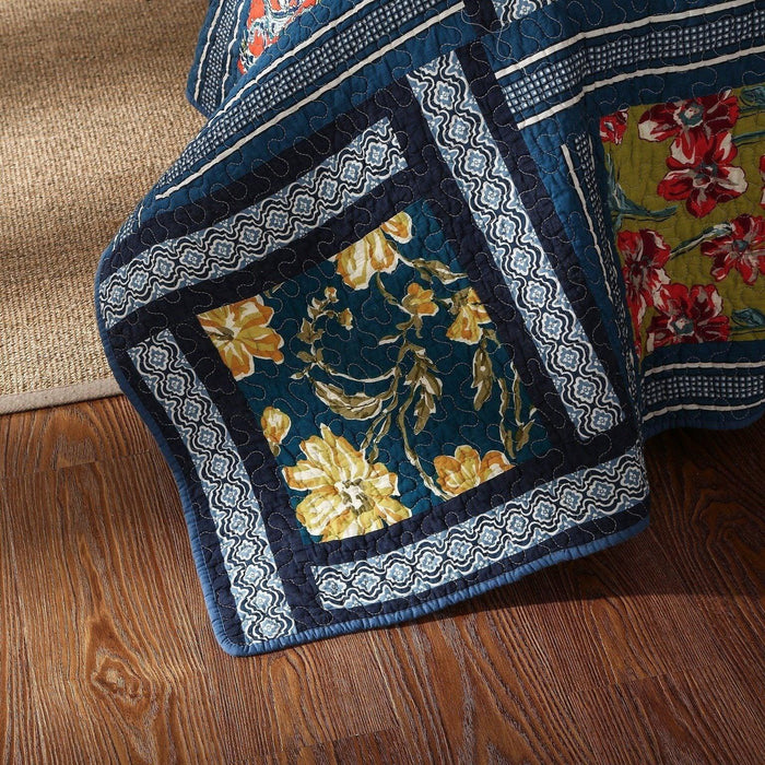 DaDa Bedding Bohemian Floral Midnight Ocean Blue Cotton Patchwork Bedspread Set (JHW-572) - DaDa Bedding Collection